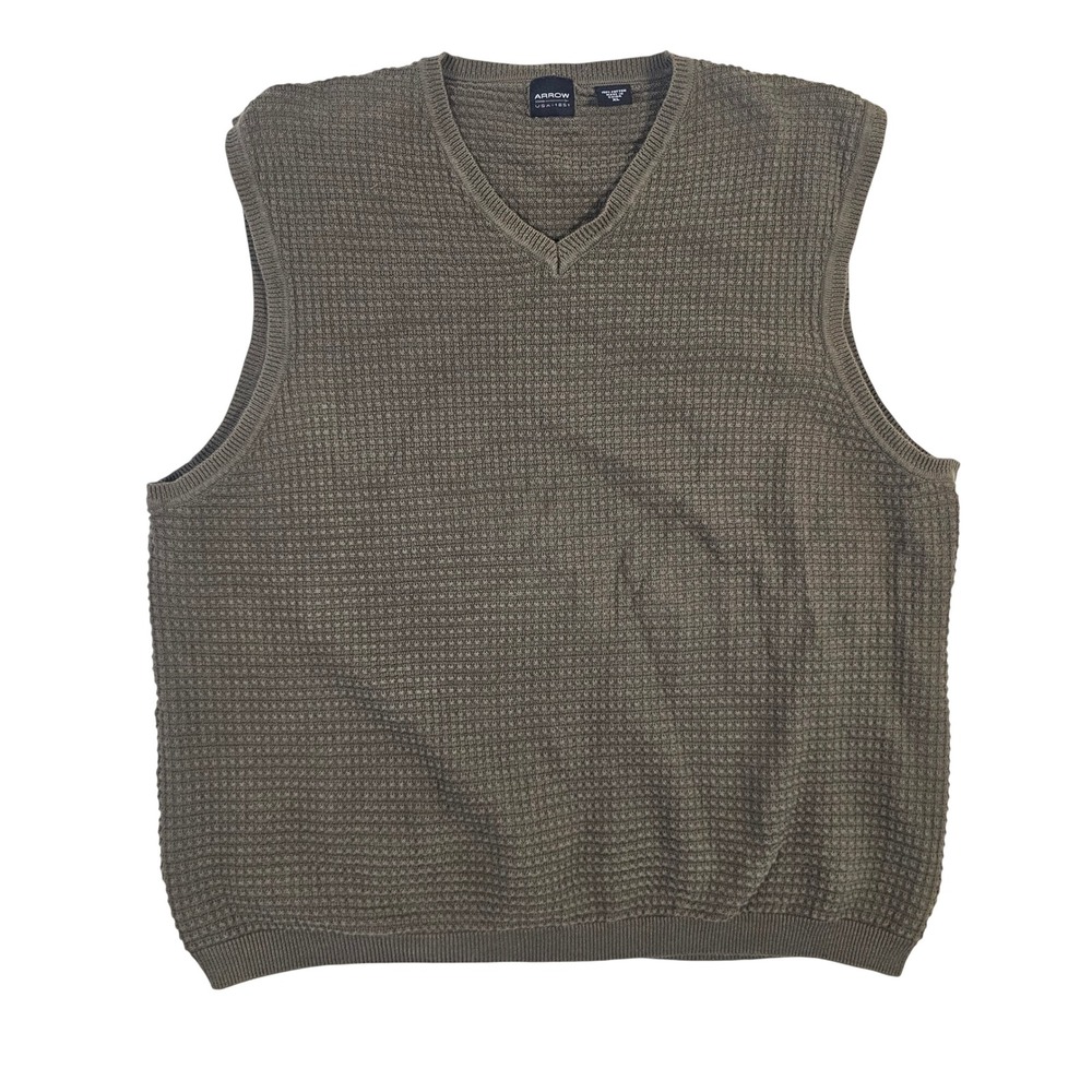 Arrow USA 1851 Mens XL Olive‎ Brown Waffle Knit Cotton V-Neck Sweater Vest